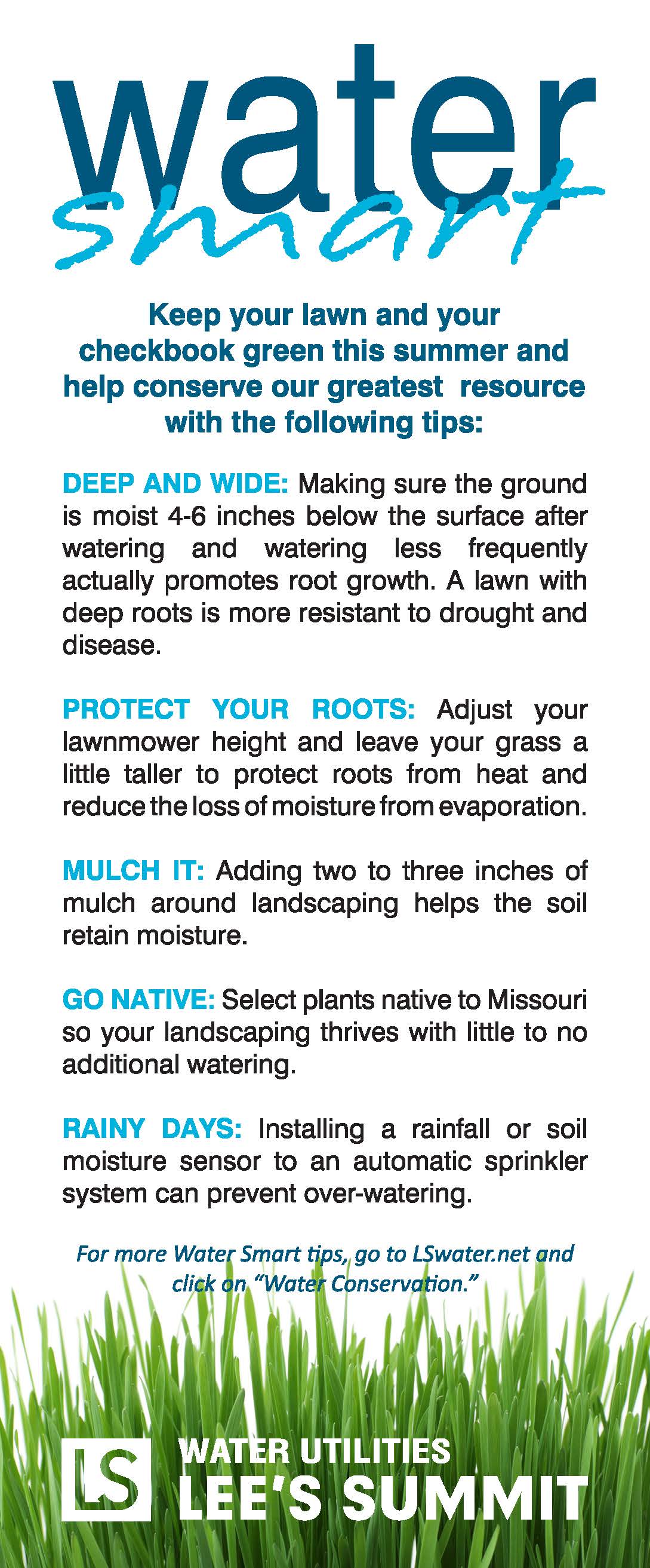 "Water Smart" flyer that lists ways to save water in lawn care.  